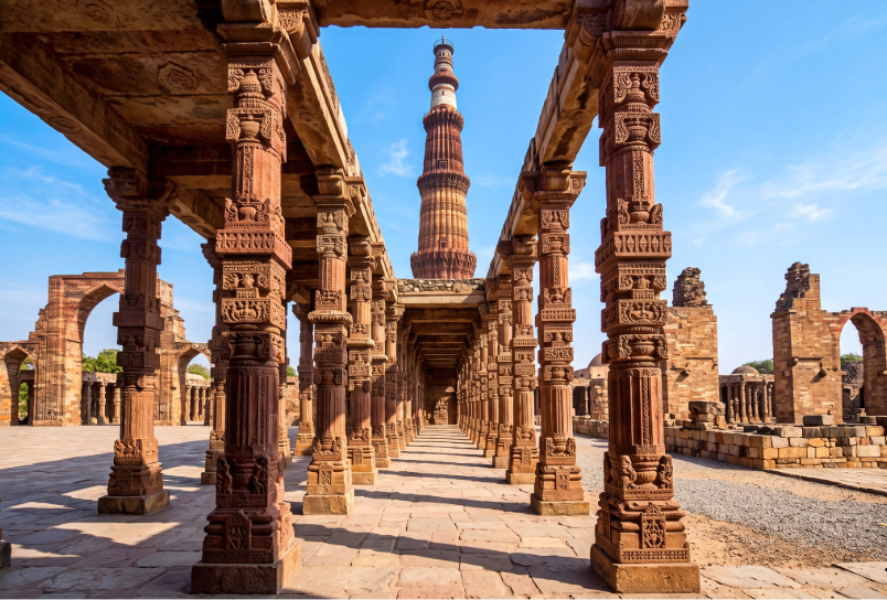 Qutub Minar en Delhi, histórico minarete y complejo monumental de India