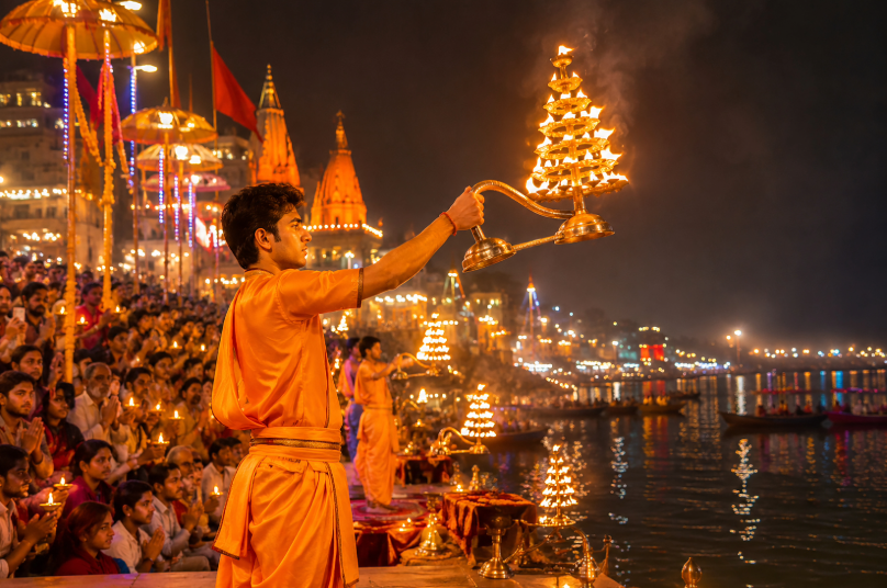 Ceremonia Ganga Aarti en Dashashwamedh Ghat, Varanasi, junto al río Ganges