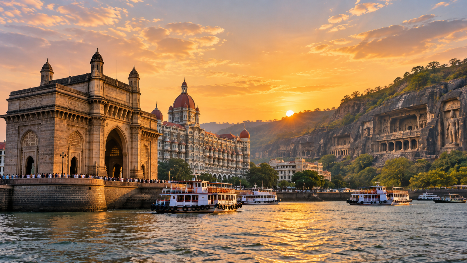 Gateway of India y Taj Mahal Palace en Mumbai, Maharashtra, con las cuevas históricas de la región al atardecer
