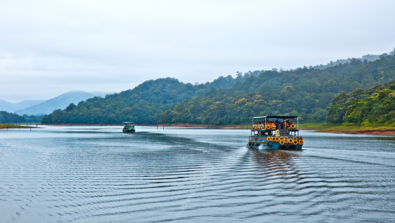 Paisaje natural de Periyar, Kerala, rodeado de bosques, lago y vida silvestre.